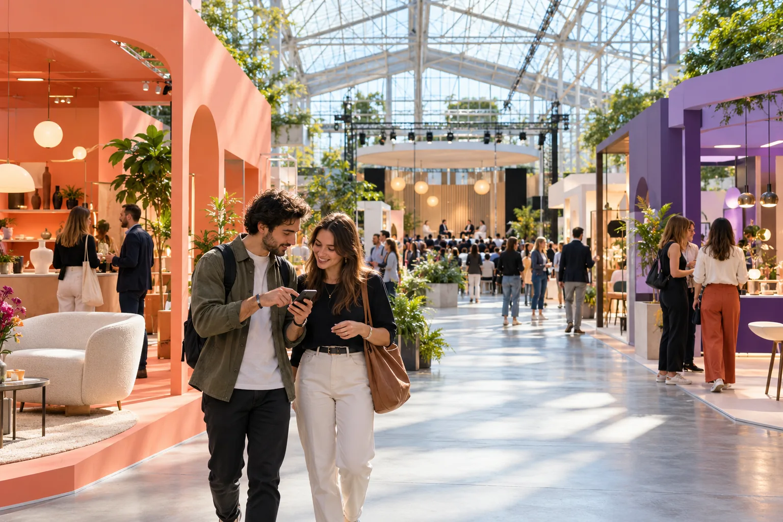 Scène fictive de salon, visiteurs consultant un téléphone